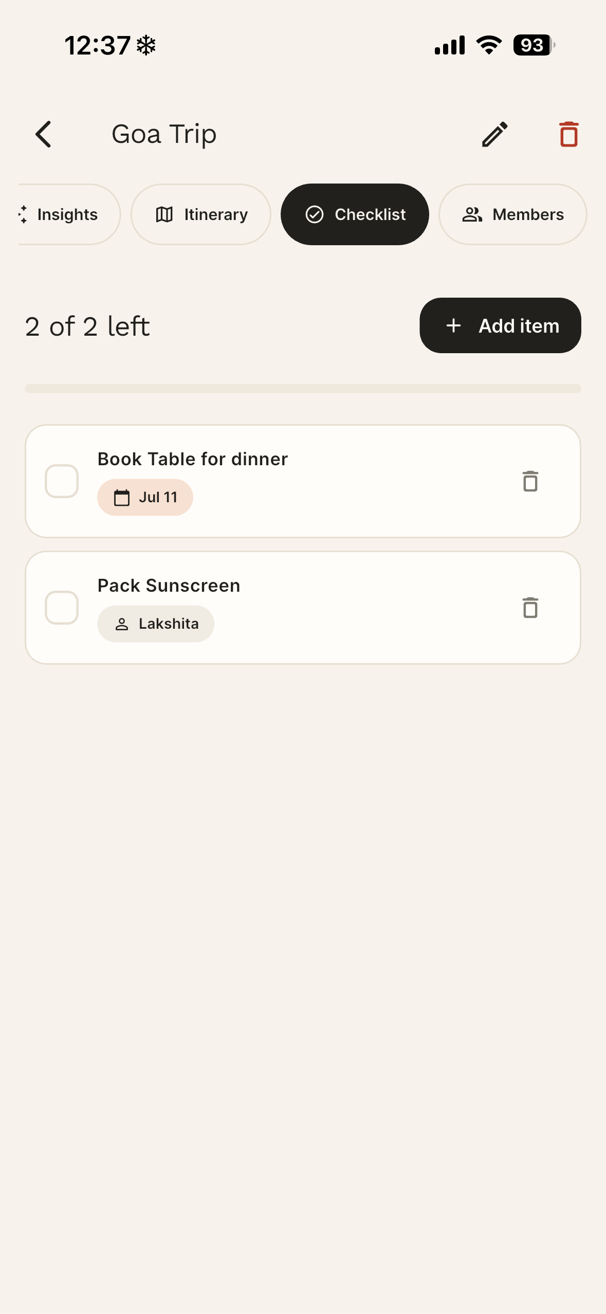 Checklist screen